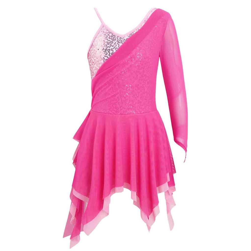 Kids Girls Stylish Dance Dress Single Long Sleeve Mesh Irregular Hem Contrast Color Skating Leotard Dress