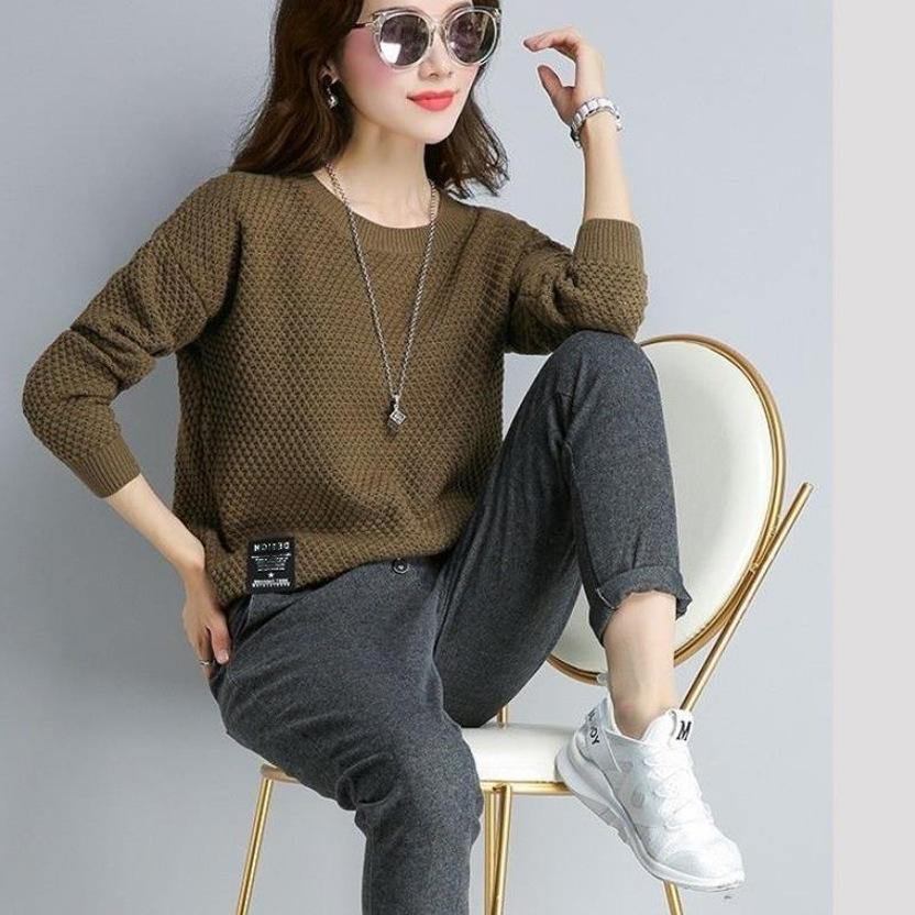 Осень и Зима Женский Пуловер Круглый Вырез Однотонный Свитер Вязаный Свитер С Длинным Рукавом для Женщин