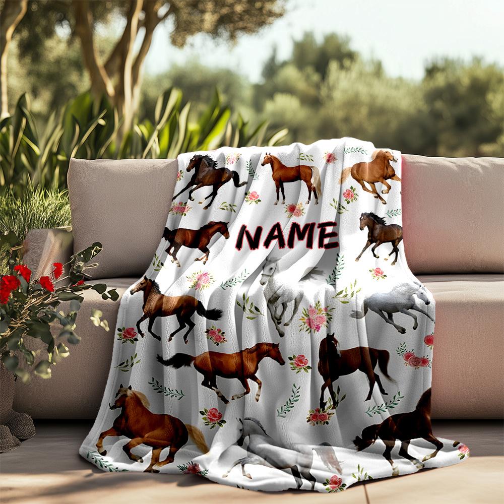 Horse Design Blanket With Floral Accents And Name Space Flannel Outdoor Blanket Gift Blanket Comfortable And Soft Lightweight And Portable Suitable