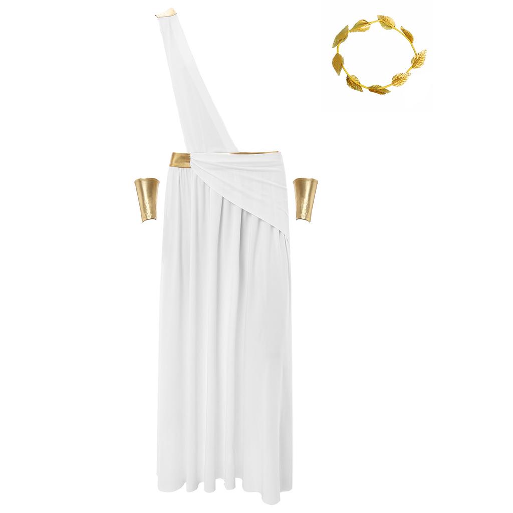 Mens Ancient Greek Costume Long Skirt Toga Set Wristbands Gold Leaf Headwear Halloween Cosplay Party Outfit