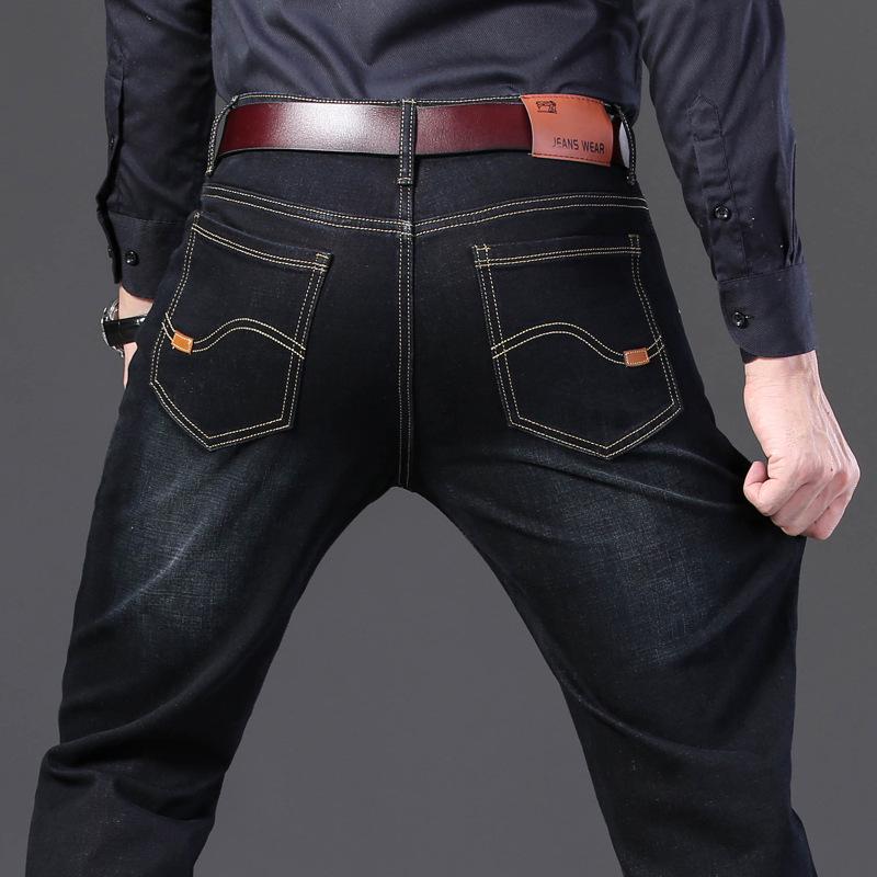 Модные мужские повседневные прямые джинсы средней талии, эластичные, удобные, длинные брюки