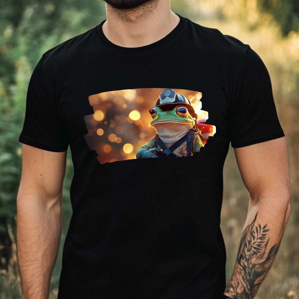 T-Shirt Herren Frosch als Feuerwehrmann Motiv Baumwolle Größe XS bis 5XL