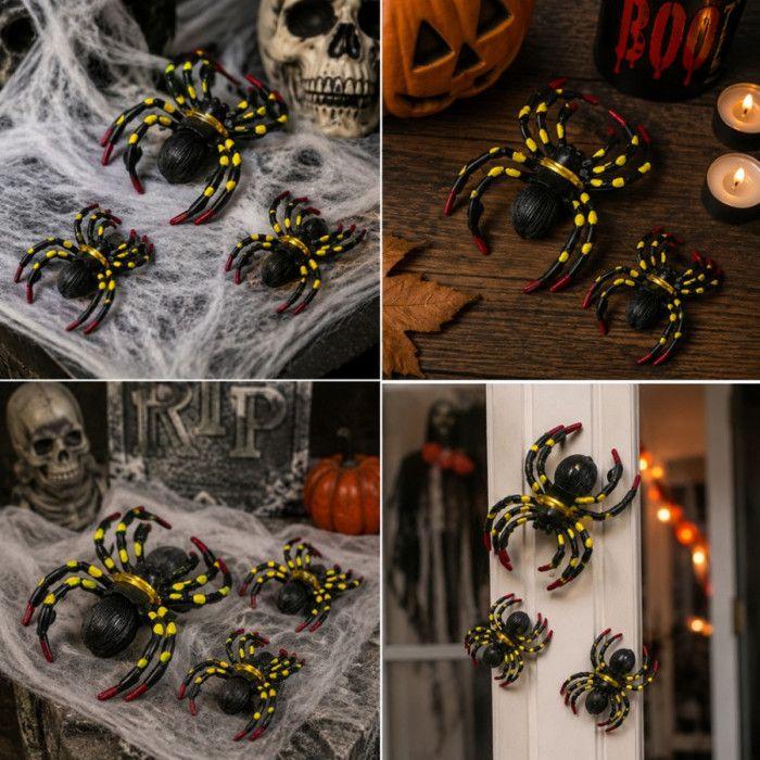 Lot de 3 Araignées Halloween – 1 Araignée 9 cm et 2 Araignées 6 cm, Noires, Jaunes et Rouges, Décoration Effrayante pour Fête