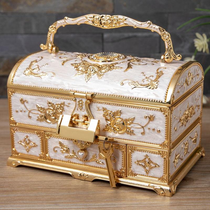 Металлическая шкатулка для украшений, многослойная, большая вместимость, ручка для хранения украшений с зеркалом