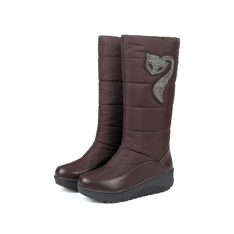 Winter Women Platform Snow Boots Crystal Fox Black Brown Down Plush Casual Travel Lady Round Toe Wedge Heels Mid-calf Boots