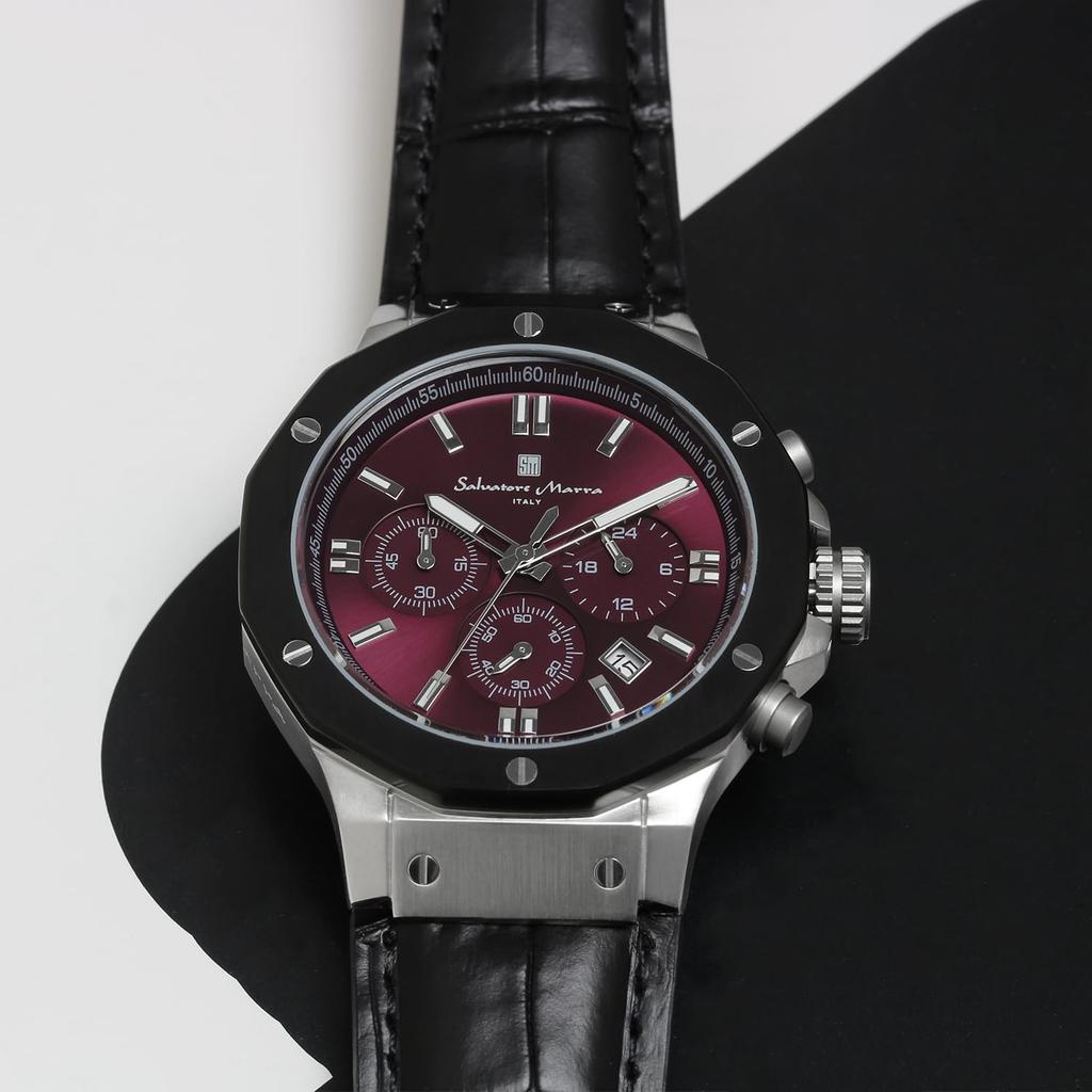 [Salvatore Mara] Men's Chronograph 10 ATM Water Resistant Leather Strap Business 20th Anniversary Limited Model Silver Purple Black SM18117-SSPL