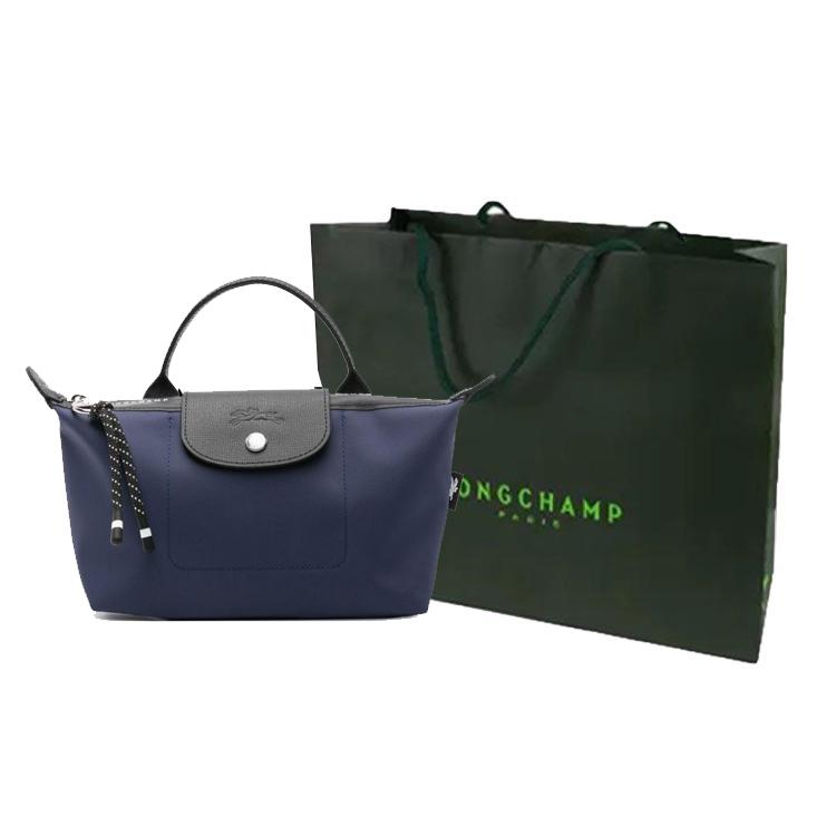 Longchamp Сумка-тоут Le Pliage Energy с тисненым логотипом, на кнопке, из ткани и телячьей кожи, женская, темно-синяя 30030HSR006