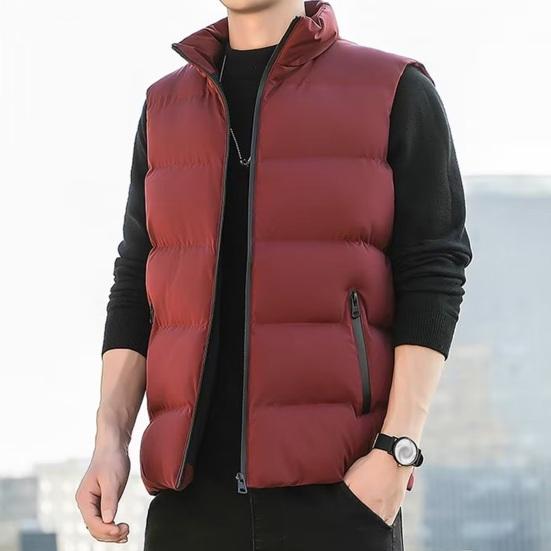 Men Waistcoat Stand Collar Sleeveless Zipper Closure Vest Coat with Pockets Solid Color Thickened