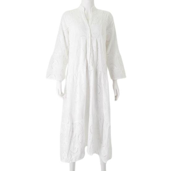 Elegant Solid Color Embroidery Lace Maxi Dress V-neck 3/4 Flared Sleeve Hollow Out Flower Pattern Buttons Half Placket Ruffle Stitching Hem Dress