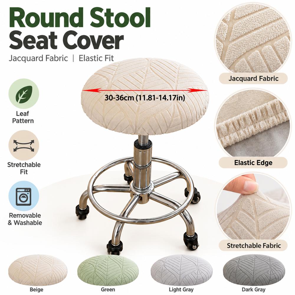Jacquard Fabric Round Stool Cover Leaf Pattern Stool Slipcover Soft Chair Seat Cover