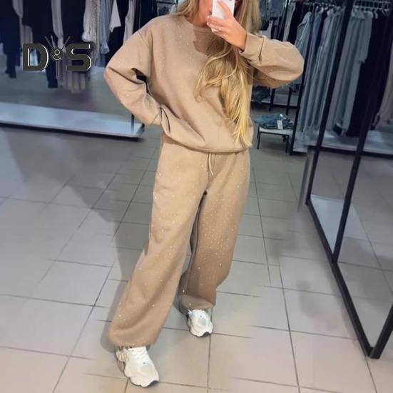 2 шт./комплект женский топ брюки костюм круглый вырез длинный рукав стразы декор толстовка эластичный пояс широкие брюки повседневная одежда спортивный наряд осень