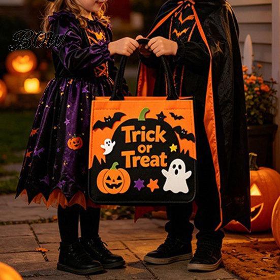 Child-friendly Halloween Bag Trick or Treat Bag, Felt Goodie with Pumpkin Ghost Patches, Candy Large Tote for Kids, Party Favor, Haunted