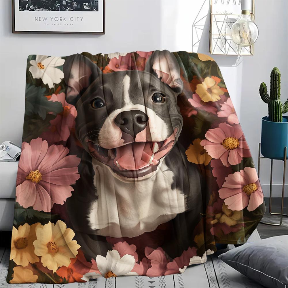 Pitbull and flowers,pattern Flannel Blanket, High quality Comfortable for All Seasons, Home Decor, Warmth and Comfort, Perfect for Gifts.