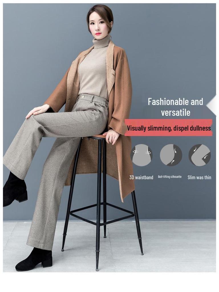 Women's Wool High-Waisted Wide-Leg Pants - Autumn & Winter Fashionable Slimming Casual Trousers