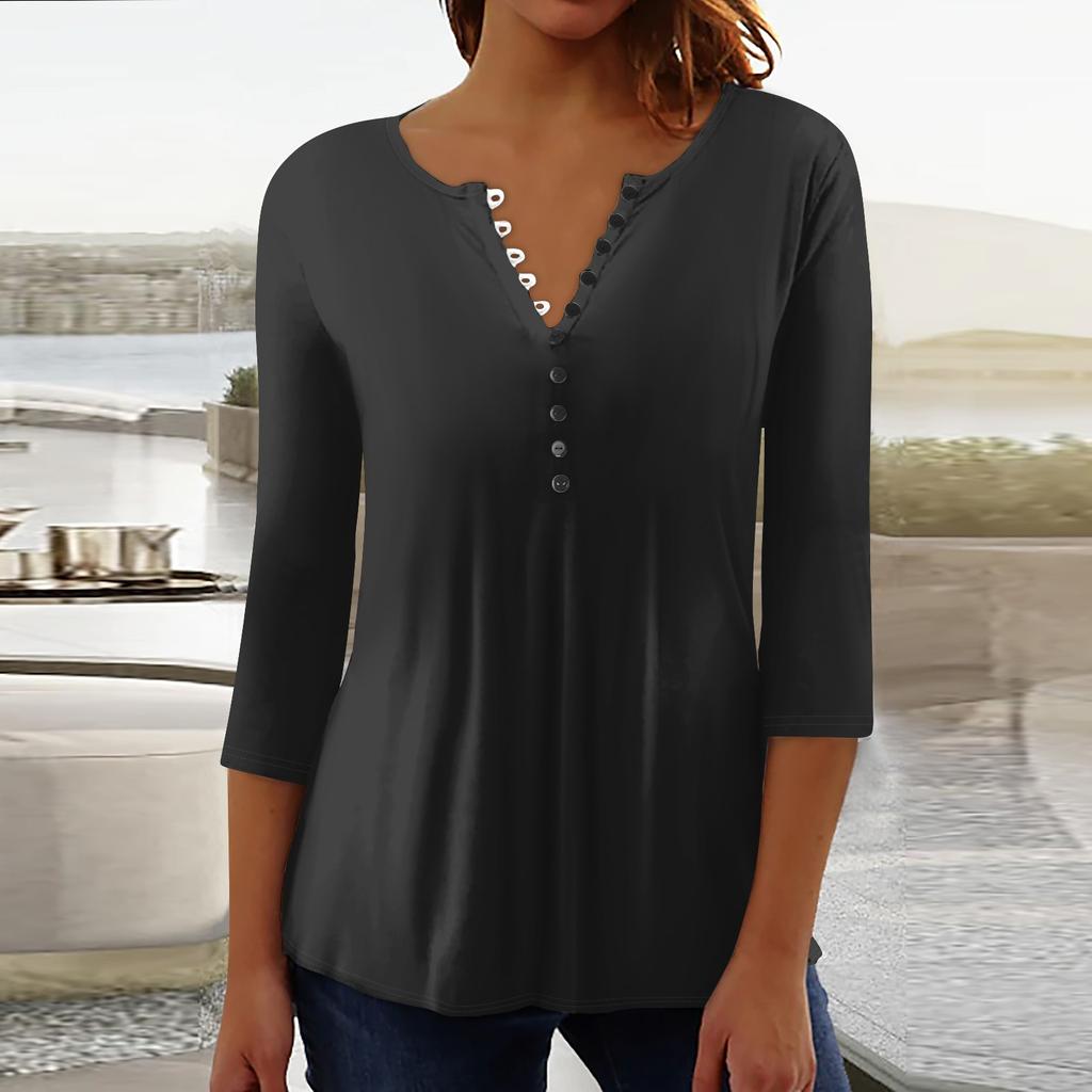 Женская верхняя свободная футболка с рукавом семь четвертей на пуговицах