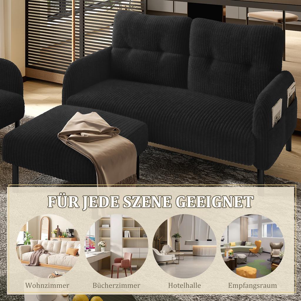 Corduroy 3-Piece Set Armchair + Stool + 2-Seater Sofa with Side Pocket Steel Frame & Backrest Deep Seat Modularly for Living Room, Black