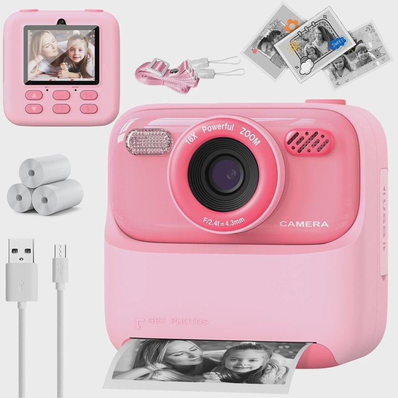 Kids Instant Print Camera 1080p Hd Dual Lens Selfie Camera With Flash 3 Rolls Paper 2.0