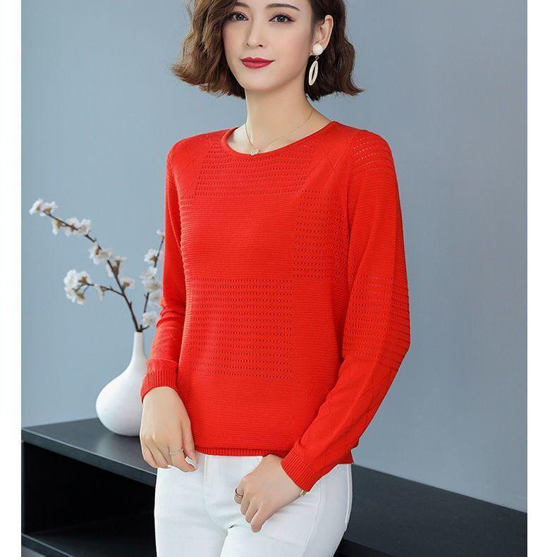 Women Round Neck Knit Sweater Female Spring and Autumn Solid Color Loose Thin Fashion Thin Section Bottoming Shirt Tops