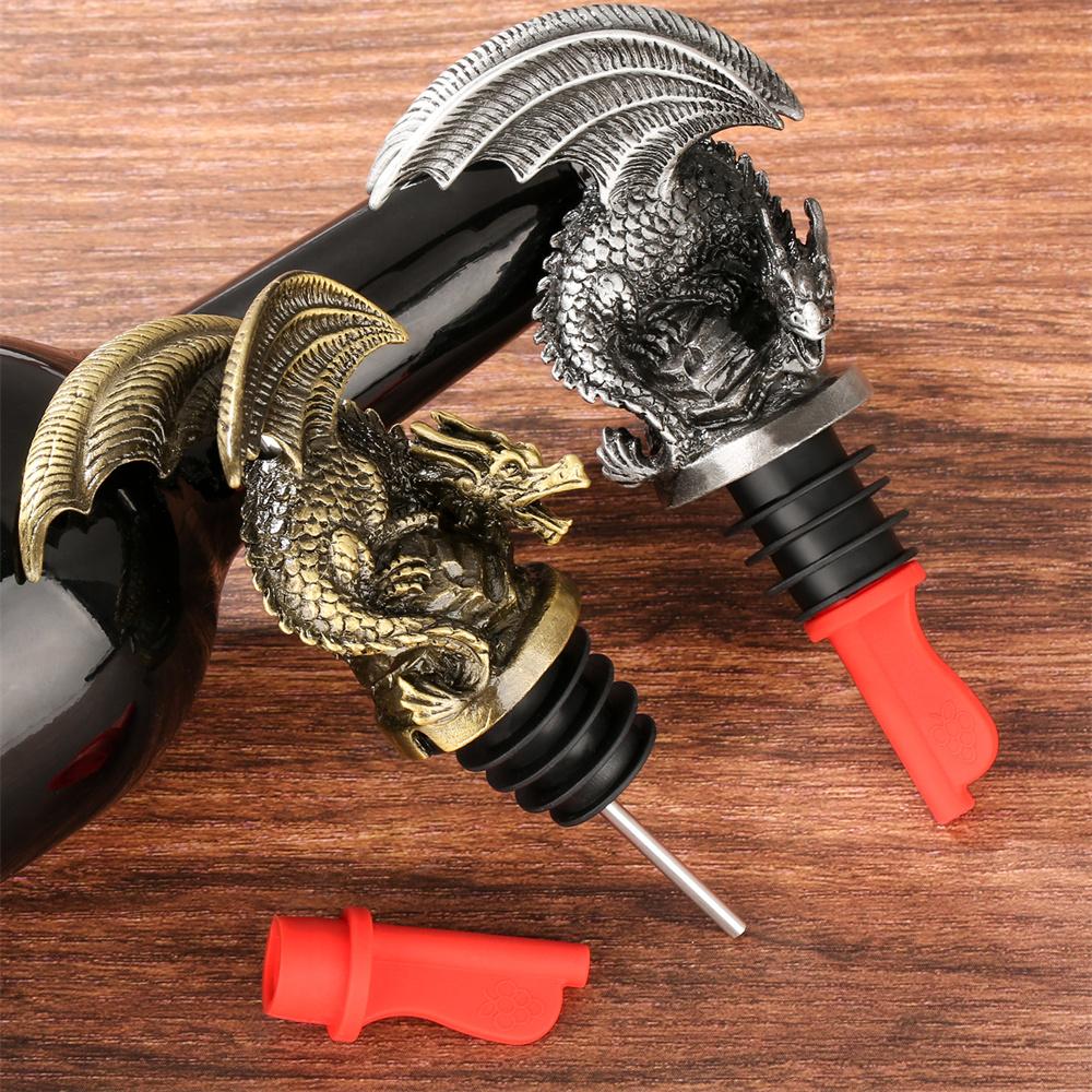Steampunk Cool Dragon Decor 2-in-1 Wine Pourer Stopper with Red Silicone Stoppers Kitchen Party Bar Drinks Fresh-Keeping Plug
