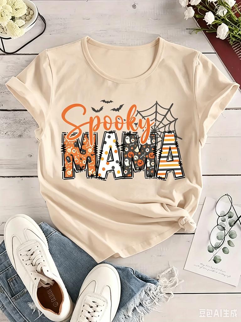 Spooky Mama Halloween Graphic Unisexs Casual Crew Neck Short Sleeve Spider Web Bat Design Perfect For Spring Casual Wear