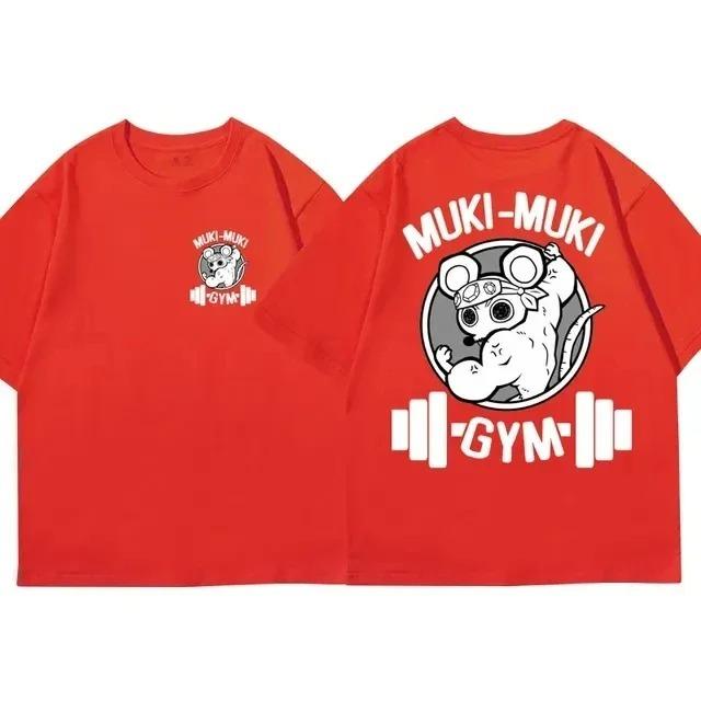 Gender Neutral Funny Ninja Muscle Mouse TShirt Muki Muki Gym Cartoon Graphic Tee Oversized Fitness Streetwear Top
