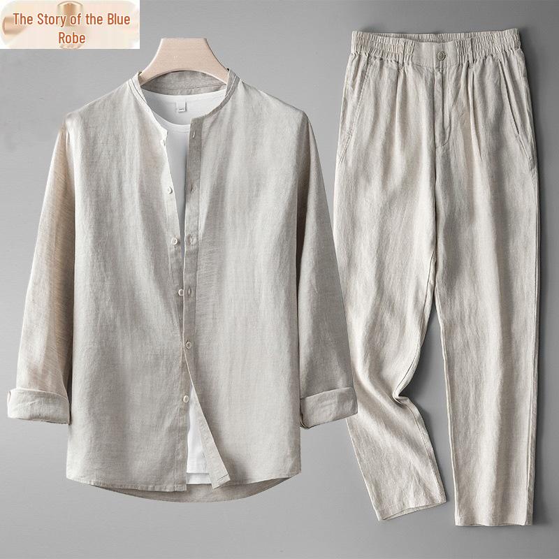 Men's Chinese Linen Tang Suit Set: Retro Long Sleeve Cotton Linen Casual Shirt Two-Piece.