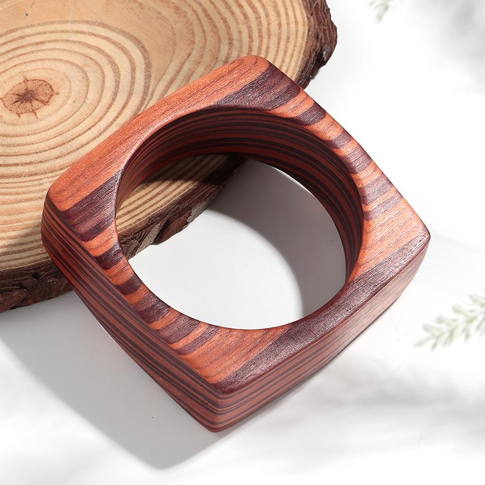 New Simple Wooden Geometric Wide Bangle for Women Retro Fashion Chunky Round Square Cuff Bracelets Personalized Jewelry Gifts