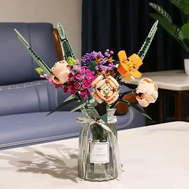 Building Blocks Flower Bouquet Set, Romantic Rose Artificial Flowers, Adult Plant Series, Ideal Valentine'S Day Gift