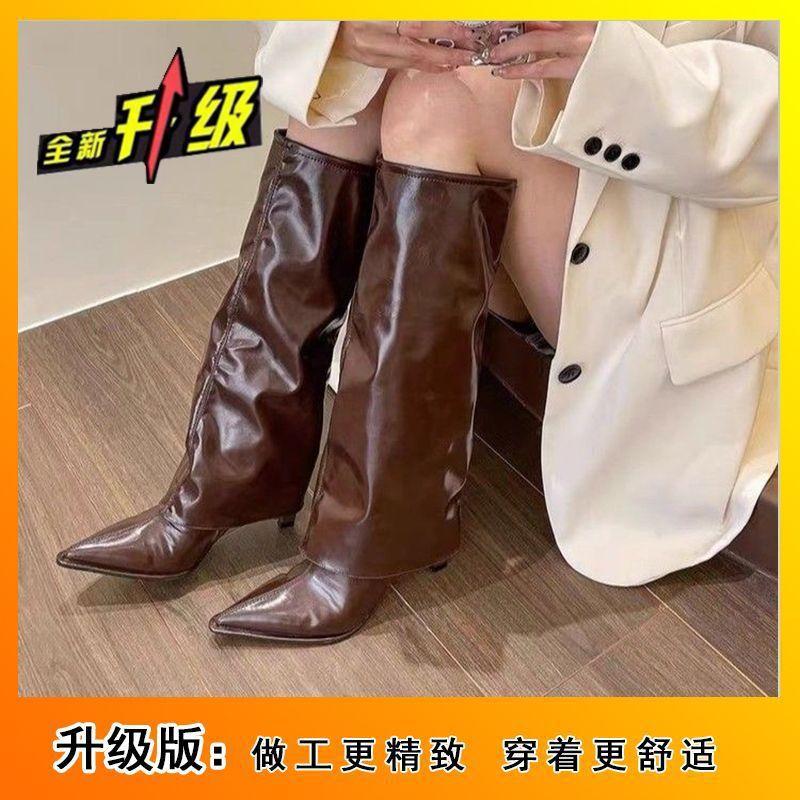 Тонкий каблук высокие рыцарские сапоги европейские и американские остроносые сапоги-трубы для брюк горячей девушки длинные сапоги 2025 осень и зима новый нишевый черный