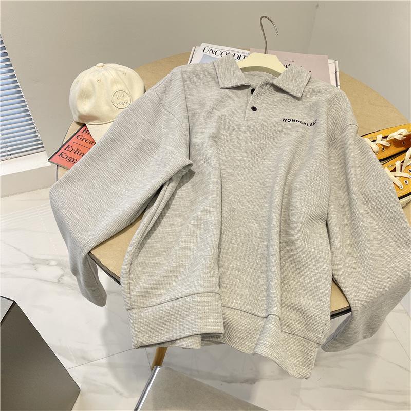 Ретро Толстовка-поло свободного кроя - Повседневный топ с длинным рукавом