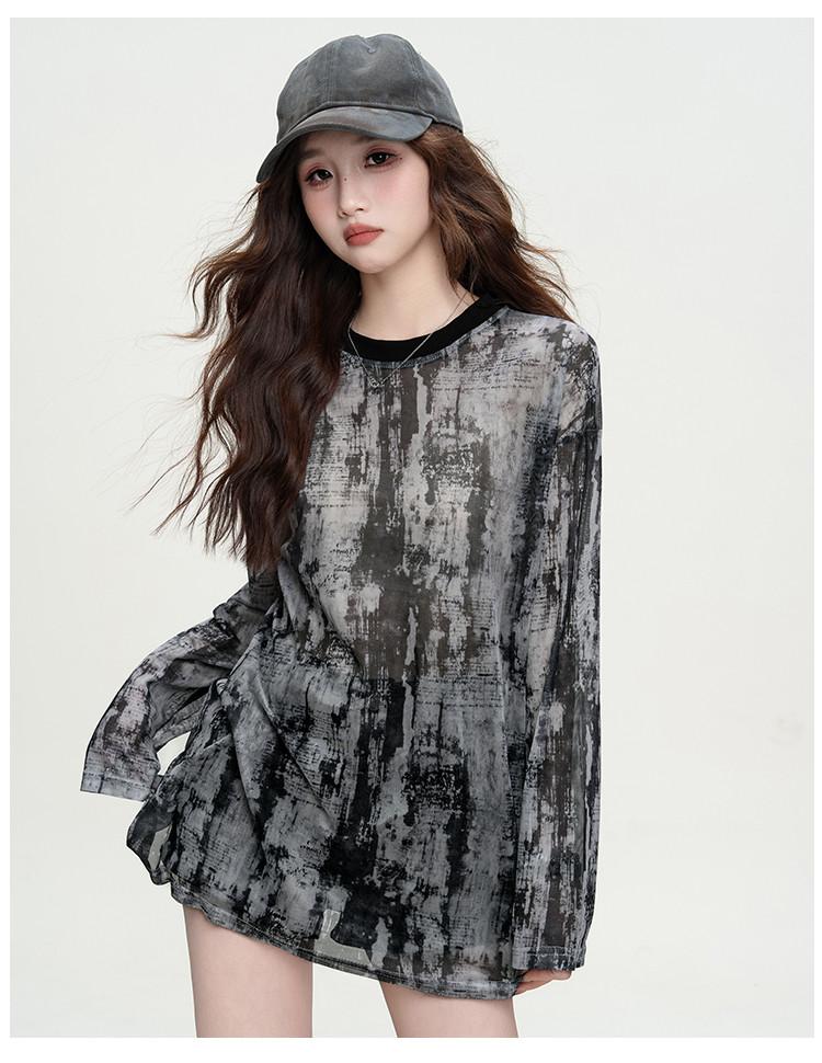 Round neck tie dye mesh cover shirt for summer fashion, versatile round neck loose base casual top