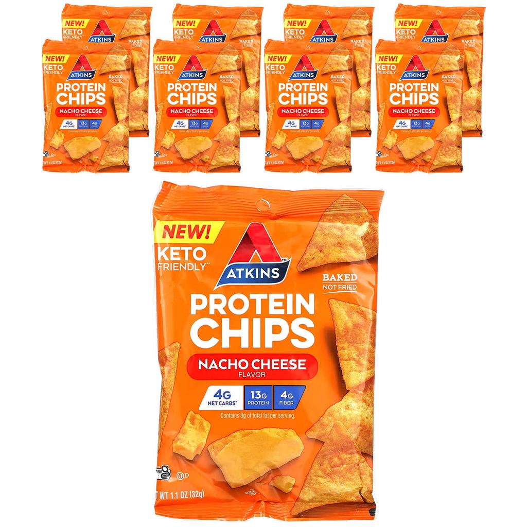 Atkins Protein Chips, Nacho Cheese, 8 Packets, 1.1 Oz (32 G) Each