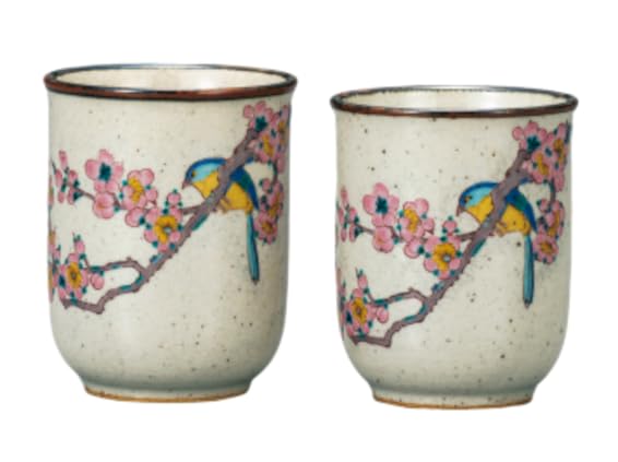 Marusan Miyamoto "Kutani Ware" Set of Teacups, Plum and Bird Design, AP7-0501