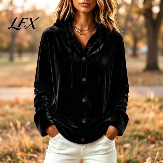 Lady Warm Coat Women Button Front Velvet Hoodie, Long Sleeve Hooded Jacket, Winter Hoodie Loose Fit Casual Drawstring for Autumn Relaxed