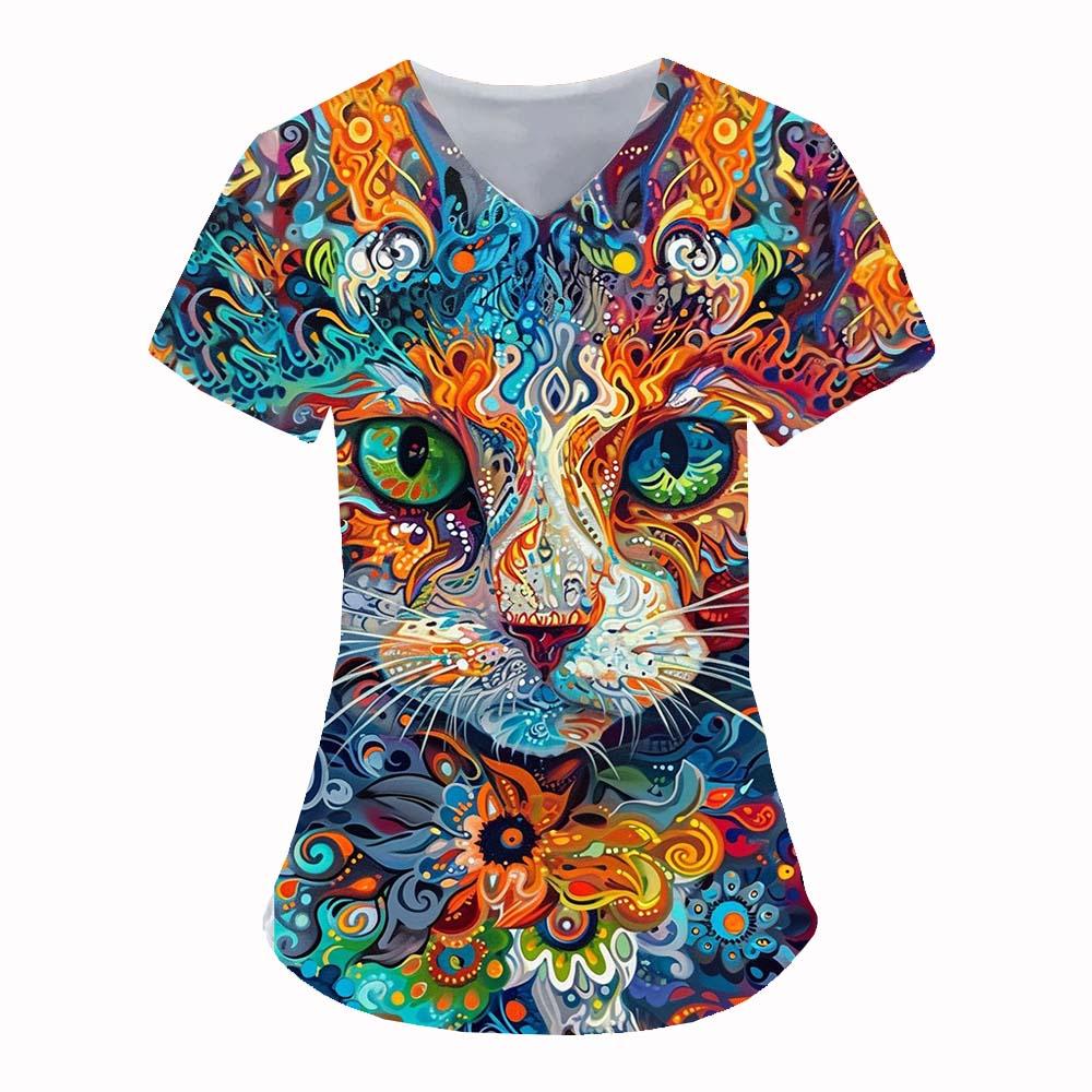 Medical Uniform for Women Cute Cat 3D Print V-Neck Clinical Uniform Short Sleeve Patch Pocket Tops Surgical Women's Uniforms