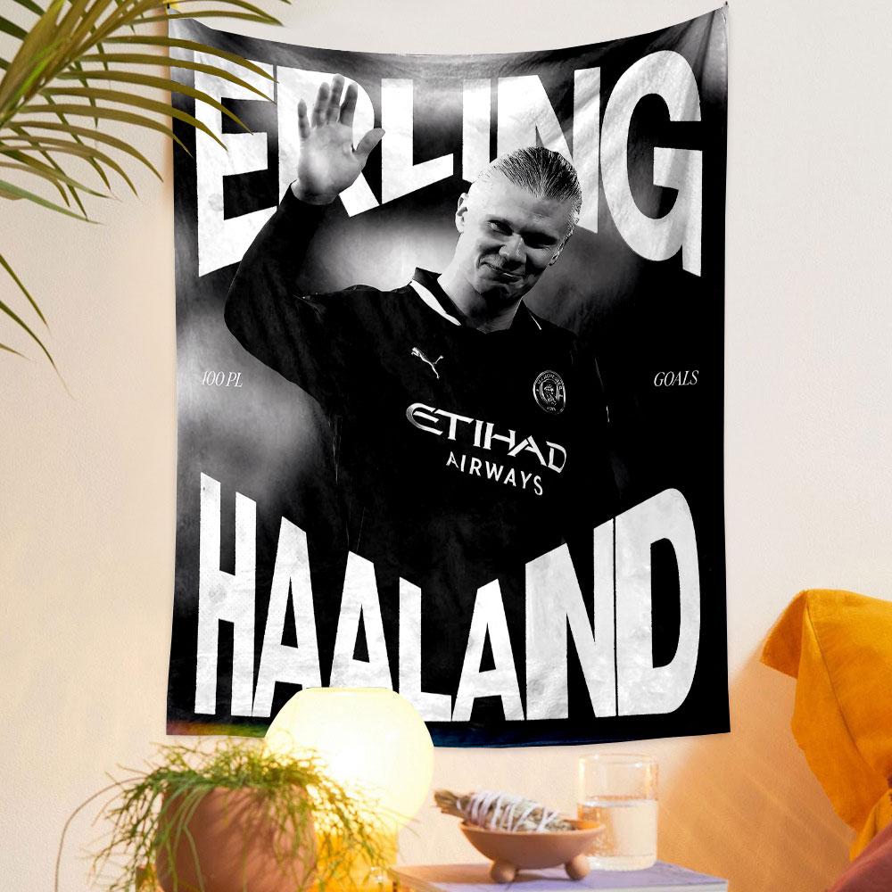 A monochrome design with bold text and a waving soccer player in focus. Patterned tapestry for bedroom and living room home decor
