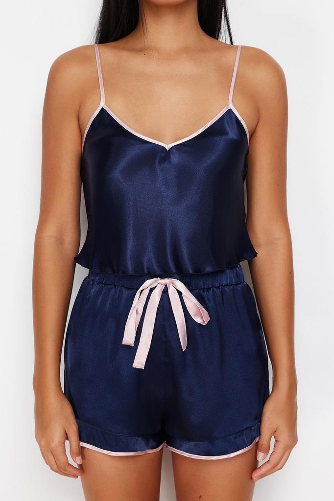 Женский стильный пижамный комплект, темно-синий атласный пижамный комплект с атласной окантовкой и бантом, детализированный веревочный ремень