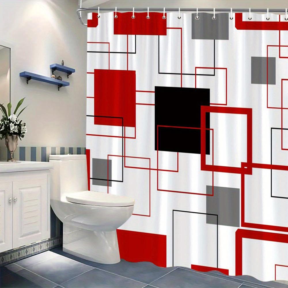 Modern Geometric Abstract Shower Curtain Bathroom Waterproof Red Black Grey Color Block Design 180x180cm