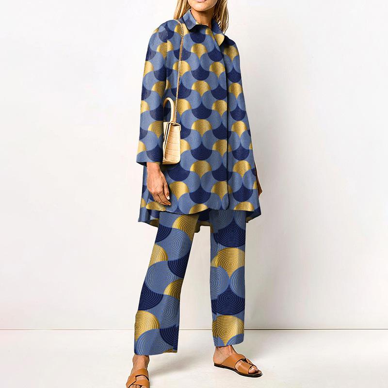 Женский комплект: рубашка и брюки с широкими штанинами, зеленый геометрический принт