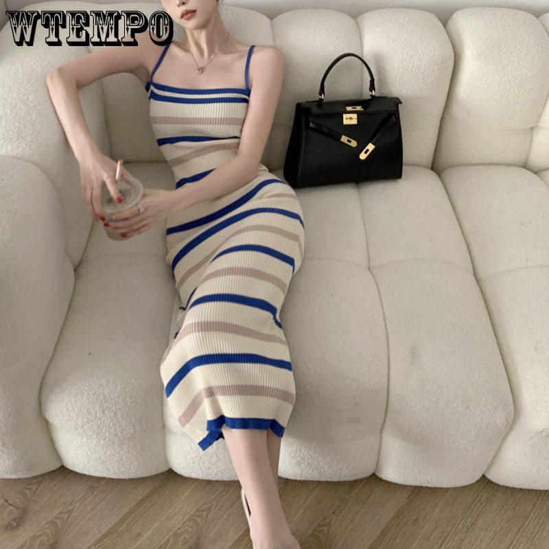 WTEMPO Вязаное длинное платье без рукавов, женское полосатое винтажное облегающее платье с открытой спиной, элегантное корейское шикарное платье