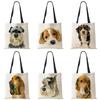 Women Handbag Linen Totes with Dog Print Casual Traveling Beach Gift Bags