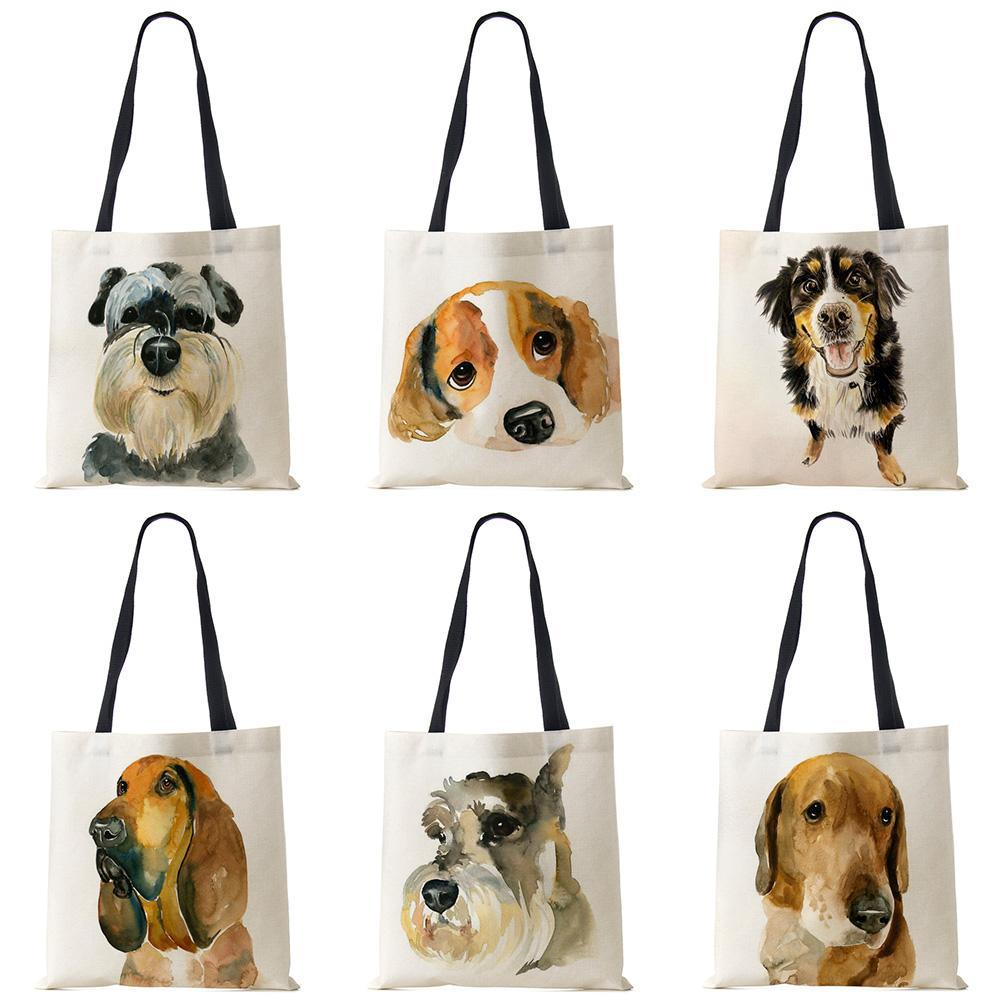 Women Handbag Linen Totes with Dog Print Casual Traveling Beach Gift Bags CLE