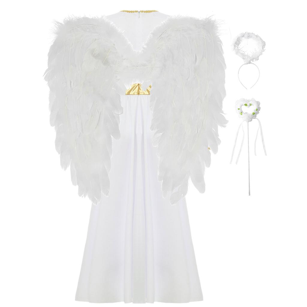 Girls Halloween Party Costume 4Pcs Angel Set with Dress Wings Headband & Wand Cosplay Performance Outfit