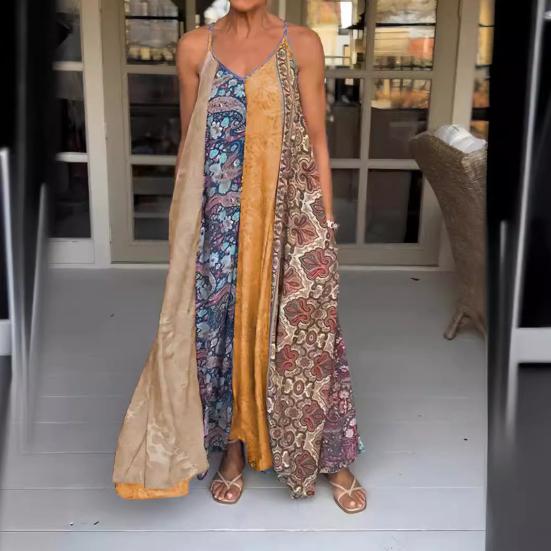 Летнее платье-комбинация с открытой спиной и без рукавов, свободный размер, трапециевидной формы, соответствующего цвета, плюс богемный принт, V-образный вырез, отпуск