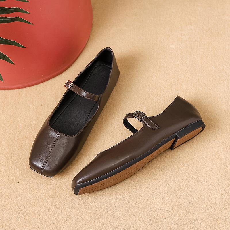 French Retro Square Head Mary Jane Women'S Shoes Spring One-Word Buckle With Shallow Mouth Single Shoes Flat Shoes