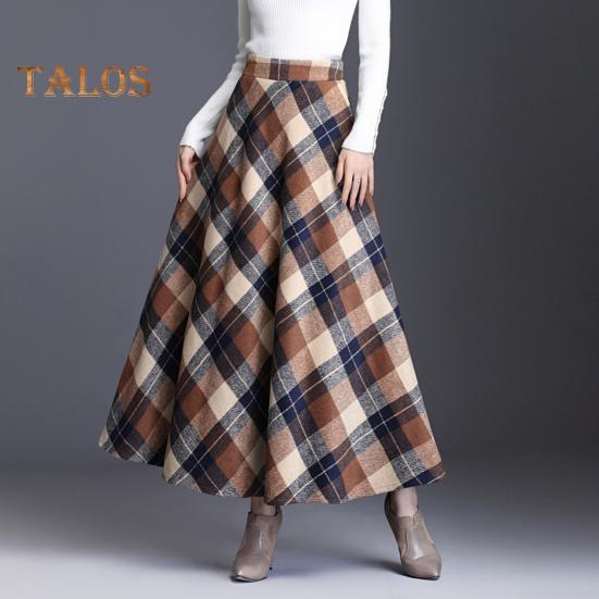 Женская шерстяная юбка с высокой талией и клетчатым принтом, юбка-трапеция, осень-зима, утолщенная юбка с большим подолом, повседневная одежда