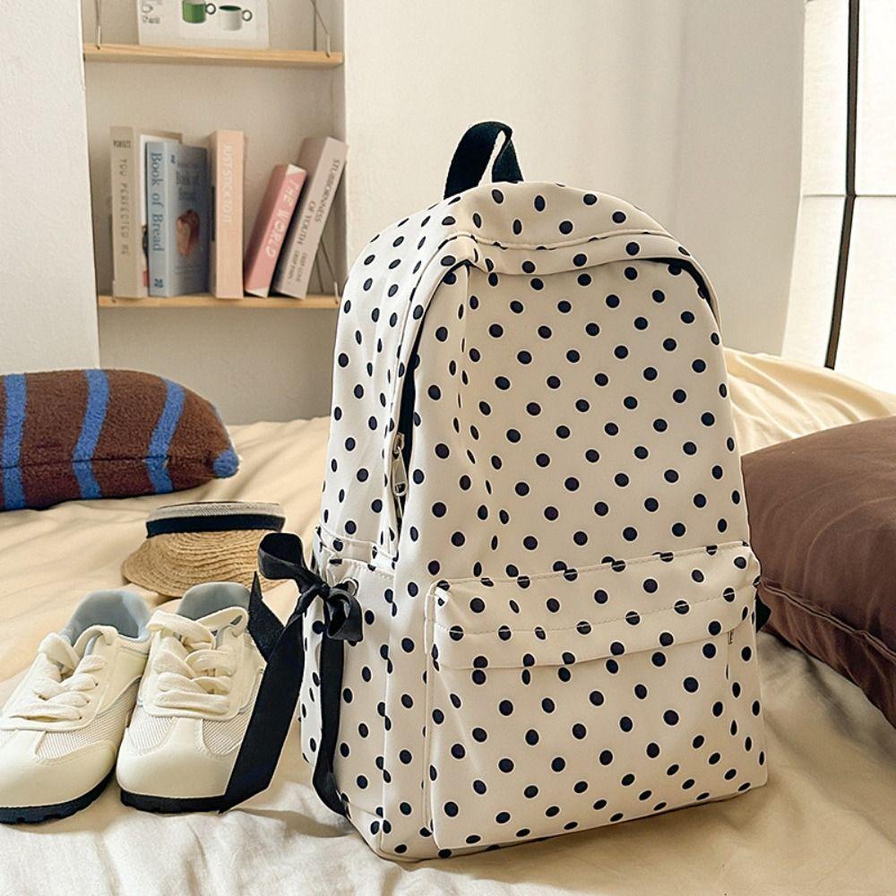 Minimalist Polka Dot Backpack Sweet Student School Bag Y2k Bow Rucksack Daily
