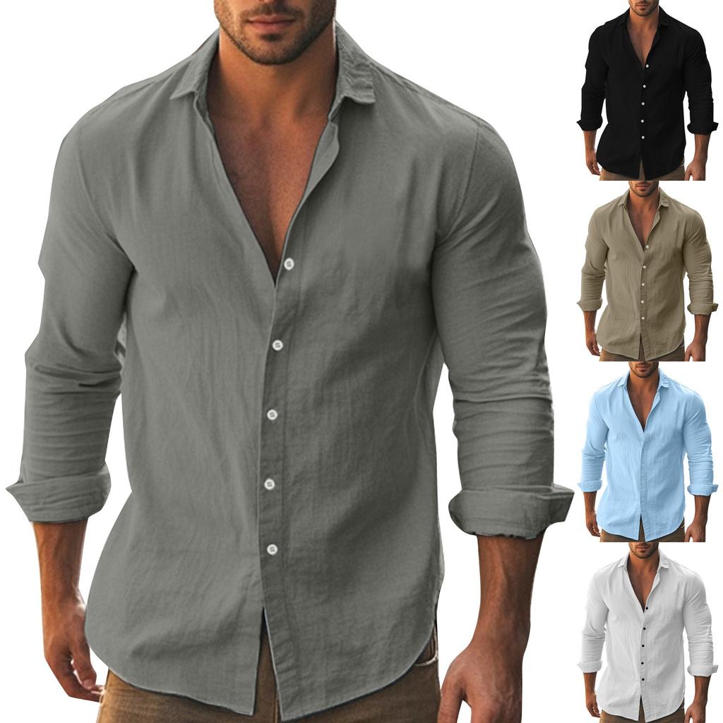 Мужская летняя однотонная рубашка с длинным рукавом из хлопка и льна с лацканами и пуговицами