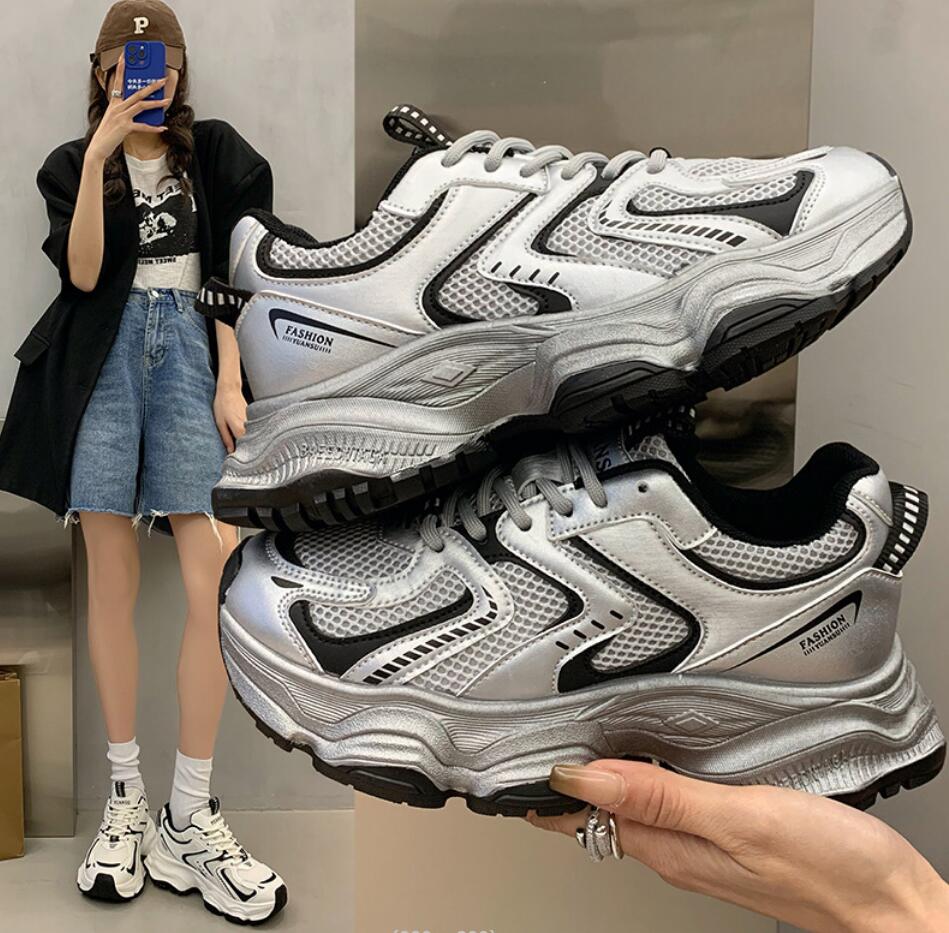 Модные корейские женские кроссовки на толстой подошве, модные массивные кроссовки 2024 года, универсальная спортивная обувь на платформе, сетчатая дышащая женская обувь