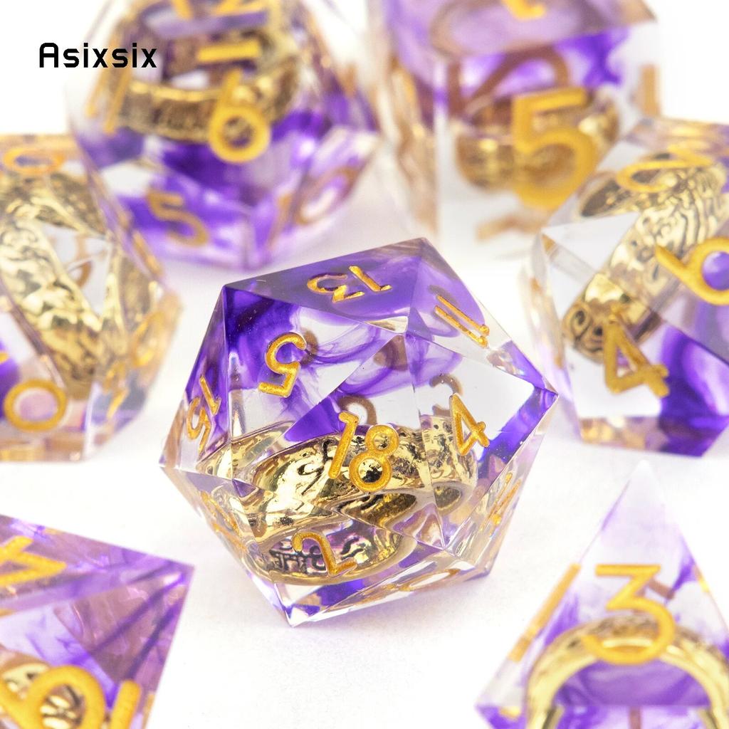 7 Pcs  Purple Resin Ring Golden Number Sharp Edge Dice Polyhedral Dice Suitable for Role-Playing RPG  Board Game
